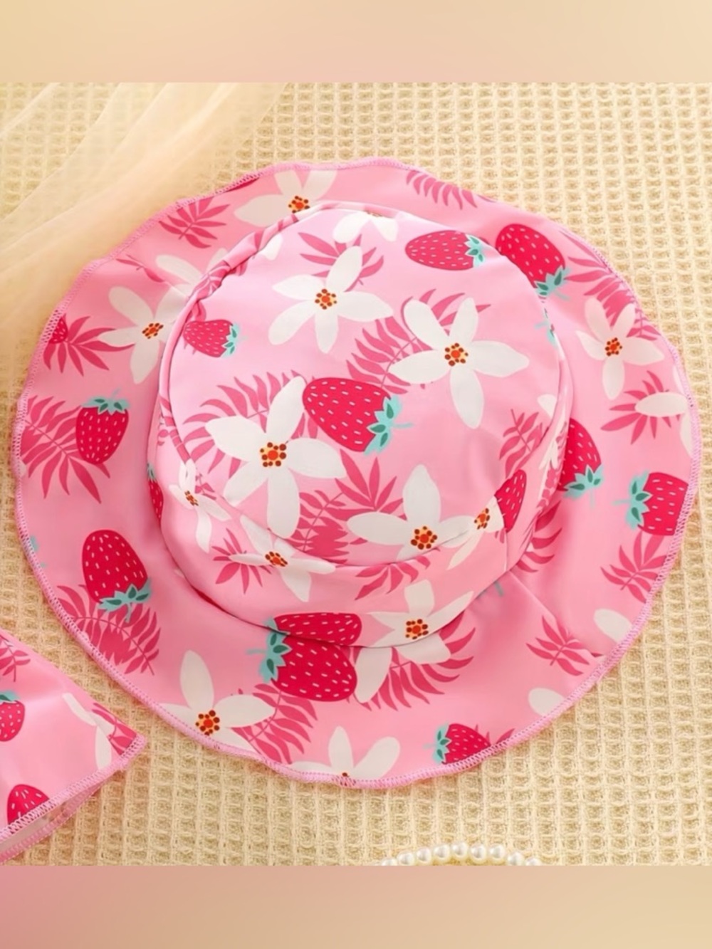 NWT Girls Pink Romper and a Matching Hat Featuring Strawberry and Floral Prints - Picture 5 of 5